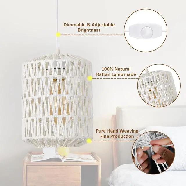 Alt view image 2 of 7 - Plug in Pendant Light, Rattan Hanging Lights with Plug in Cord 15ft Dimmable Cord, Hand Woven Wicker Lampshade Hanging Lamp, Boho Plug in Hanging Ceiling Light Fixture for Farmhouse Bedroom White