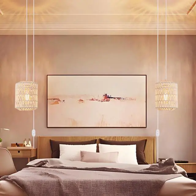 Alt view image 5 of 7 - Plug in Pendant Light, Rattan Hanging Lights with Plug in Cord 15ft Dimmable Cord, Hand Woven Wicker Lampshade Hanging Lamp, Boho Plug in Hanging Ceiling Light Fixture for Farmhouse Bedroom White