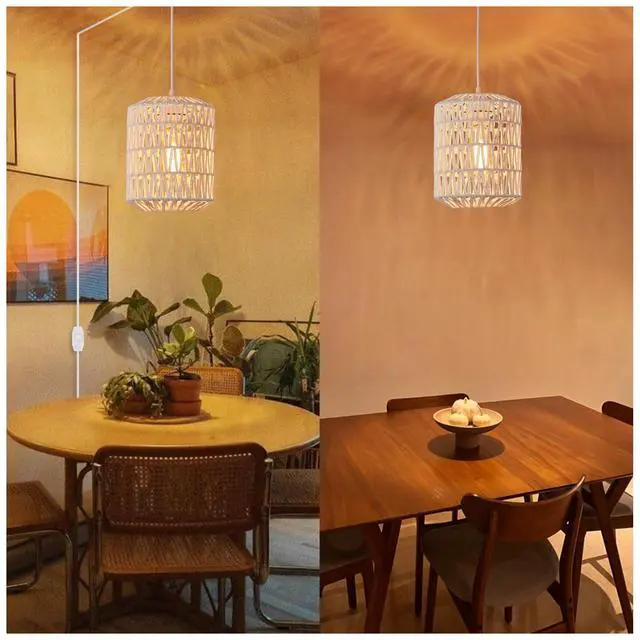 Alt view image 6 of 7 - Plug in Pendant Light, Rattan Hanging Lights with Plug in Cord 15ft Dimmable Cord, Hand Woven Wicker Lampshade Hanging Lamp, Boho Plug in Hanging Ceiling Light Fixture for Farmhouse Bedroom White