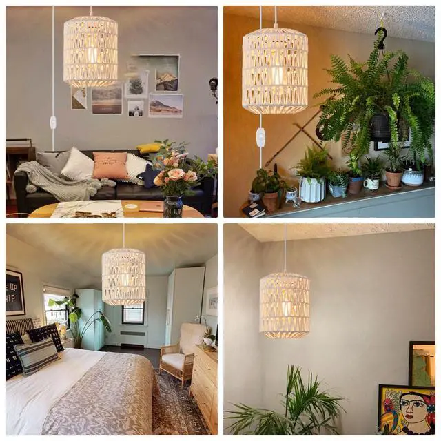 Alt view image 7 of 7 - Plug in Pendant Light, Rattan Hanging Lights with Plug in Cord 15ft Dimmable Cord, Hand Woven Wicker Lampshade Hanging Lamp, Boho Plug in Hanging Ceiling Light Fixture for Farmhouse Bedroom White