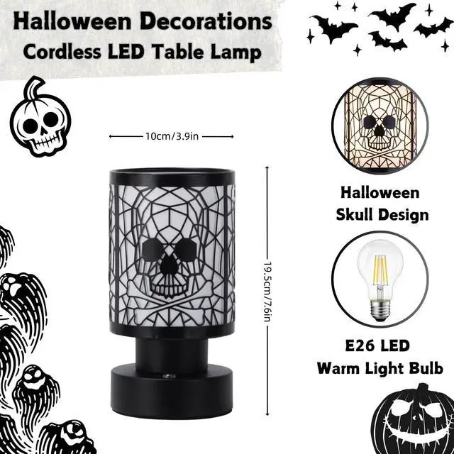 Alt view image 2 of 6 - Rechargeable Cordless Touch Desk Lamp with Metal Skull Lampshade, 3-Level Dimmable, Halloween Theme, for Bedroom, Living Room, Restaurant, Bar