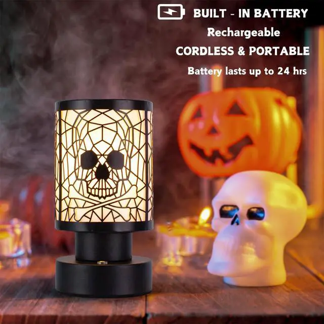 Alt view image 4 of 6 - Rechargeable Cordless Touch Desk Lamp with Metal Skull Lampshade, 3-Level Dimmable, Halloween Theme, for Bedroom, Living Room, Restaurant, Bar