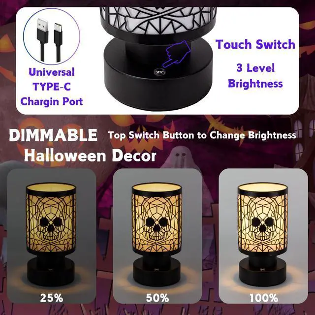 Alt view image 5 of 6 - Rechargeable Cordless Touch Desk Lamp with Metal Skull Lampshade, 3-Level Dimmable, Halloween Theme, for Bedroom, Living Room, Restaurant, Bar