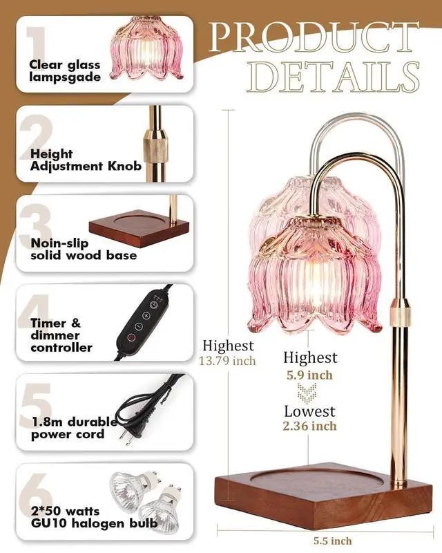 Alt view image 2 of 7 - Pink Candle Warmer Lamp with Timer & Dimmer, Candle Lamp Warmer Adjustable Height, Mothers Day Birthday Gifts for Women Mom, House Warming New Home Bedroom Decor, Flower Wax Warmer for Jar Candle