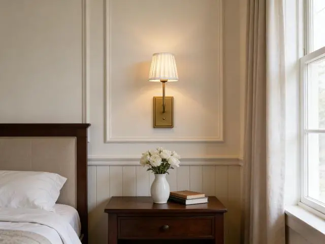 Alt view image 2 of 7 - Vintage Antique Brass Wall Sconce 1-Light, White Pleated Fabric Shade Wall Lamp Hardwired Indoor Wall Light for Bedroom Living Room Vanity Bathroom