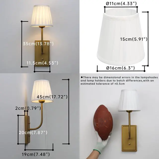 Alt view image 3 of 7 - Vintage Antique Brass Wall Sconce 1-Light, White Pleated Fabric Shade Wall Lamp Hardwired Indoor Wall Light for Bedroom Living Room Vanity Bathroom