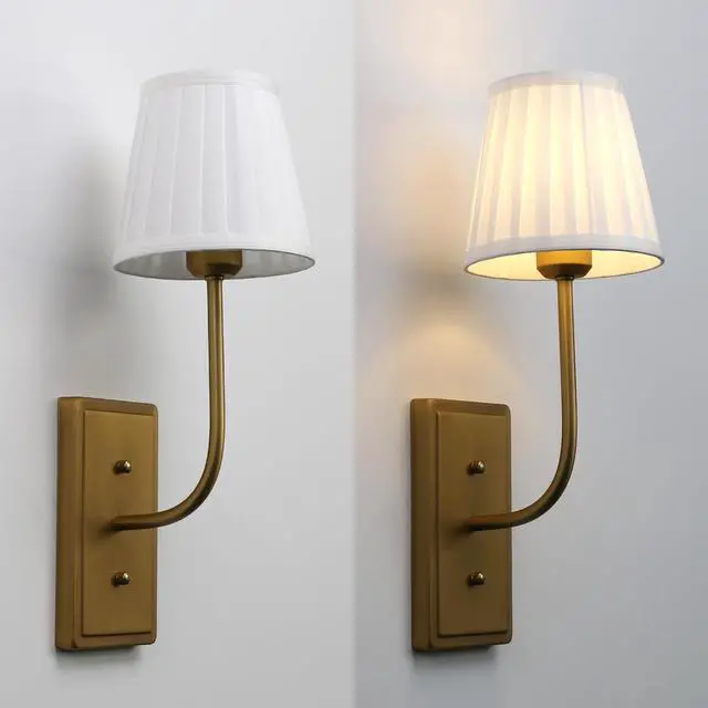 Alt view image 6 of 7 - Vintage Antique Brass Wall Sconce 1-Light, White Pleated Fabric Shade Wall Lamp Hardwired Indoor Wall Light for Bedroom Living Room Vanity Bathroom