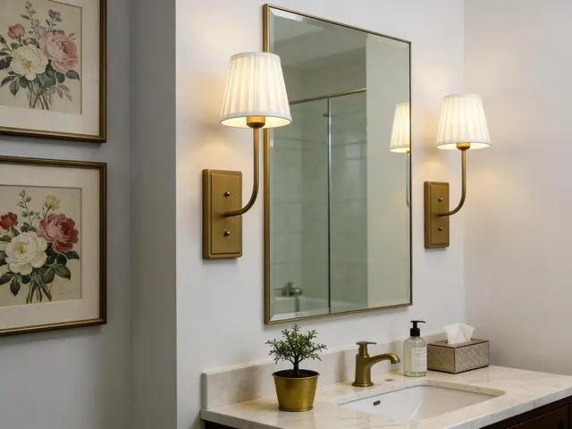 Alt view image 4 of 7 - Vintage Antique Brass Wall Sconce 1-Light, White Pleated Fabric Shade Wall Lamp Hardwired Indoor Wall Light for Bedroom Living Room Vanity Bathroom