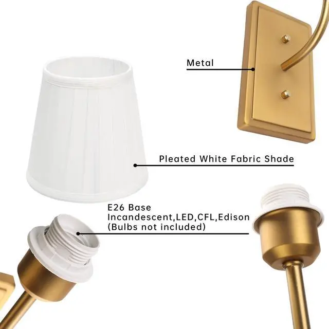 Alt view image 7 of 7 - Vintage Antique Brass Wall Sconce 1-Light, White Pleated Fabric Shade Wall Lamp Hardwired Indoor Wall Light for Bedroom Living Room Vanity Bathroom