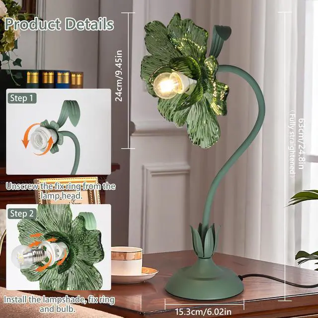 Alt view image 5 of 7 - Begonia Flower Table Lamp for Bedroom, 3 Colors Flower Reading Light with E26 Bulb, Cute Desk Lamp Bedside Lamps for Nightstands Home Decor, Adjustable Flexible DIY Floral Lamps for Living Room Office