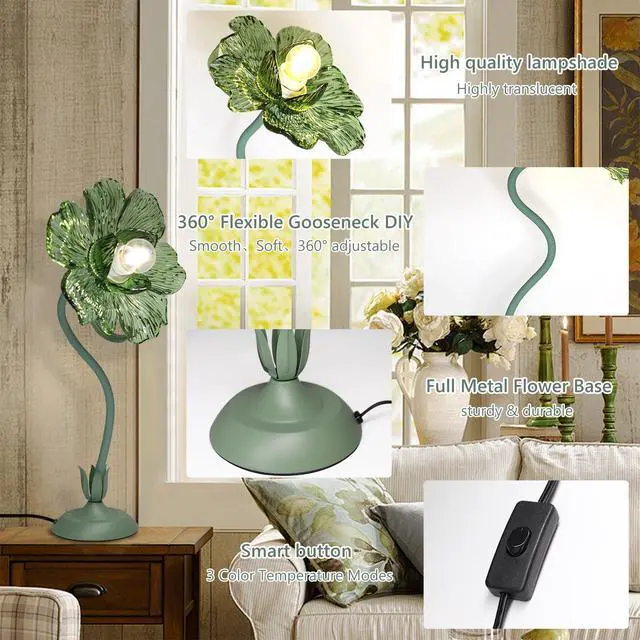 Alt view image 6 of 7 - Begonia Flower Table Lamp for Bedroom, 3 Colors Flower Reading Light with E26 Bulb, Cute Desk Lamp Bedside Lamps for Nightstands Home Decor, Adjustable Flexible DIY Floral Lamps for Living Room Office