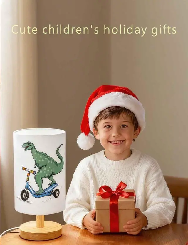 Alt view image 3 of 4 - Dinosaur Lamp, Dinosaur Decor Boys Room, 3 Color Night Light Wood Nightstand Desk Base Flaxen Fabric Shade for Bedroom Living Room, Dino Lovers Gifts, LED Bulb Included (Blue Dinosaur)
