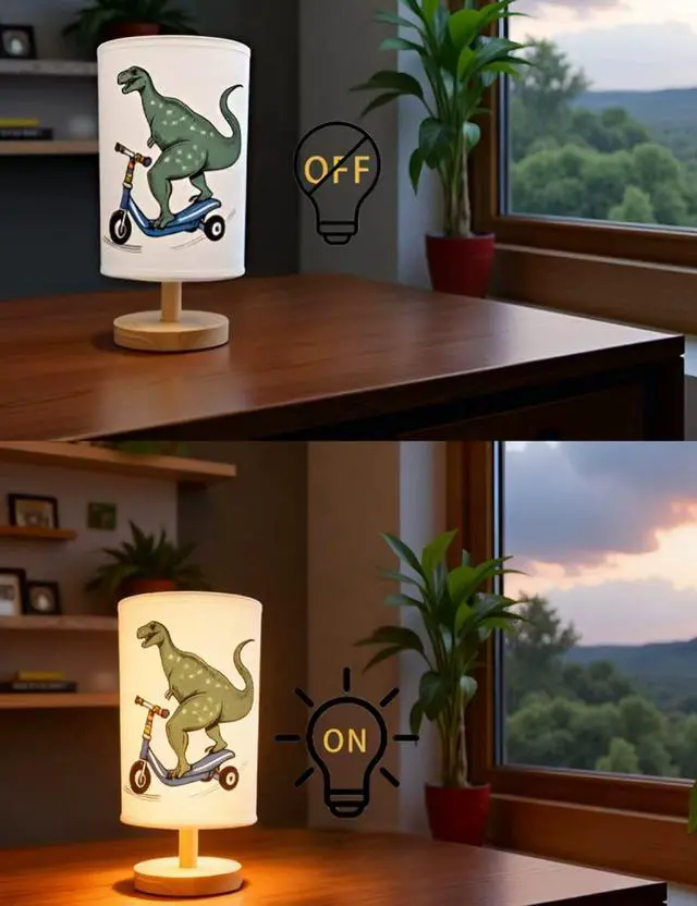 Alt view image 2 of 4 - Dinosaur Lamp, Dinosaur Decor Boys Room, 3 Color Night Light Wood Nightstand Desk Base Flaxen Fabric Shade for Bedroom Living Room, Dino Lovers Gifts, LED Bulb Included (Blue Dinosaur)