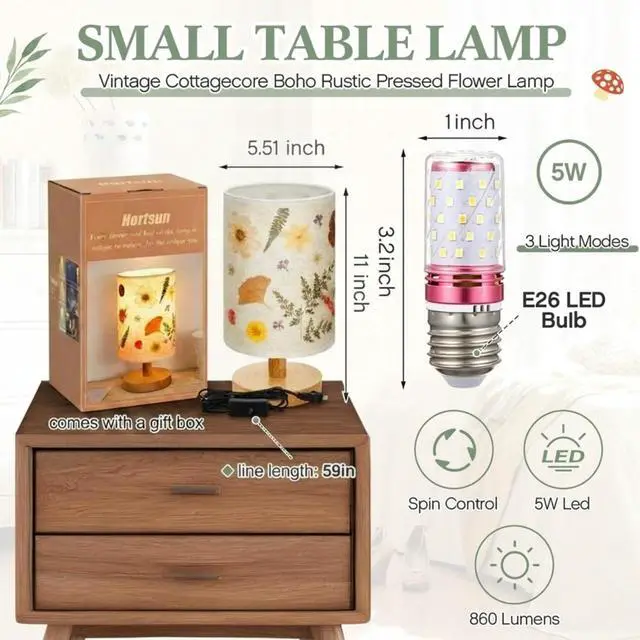 Alt view image 2 of 7 - Pressed Flower Vintage Table Lamp, Cottagecore Boho Rustic Night Light, Decorative Small Lamp Gift Box Set for Bedroom Living Room Office, Gift for Women on Mother's Day (Modern Style)