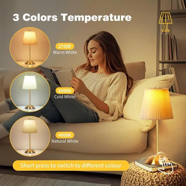 Alt view image 4 of 7 - Cordless Table Lamp, 3000mAh Rechargeable Battery Operated Touch Light, Portable 3-Color Dimmable Vintage Ambient Light Beige Fabric Shade for Dining Table/Bedroom/Kitchen/Bar/Bathroom/Entryway/Gift