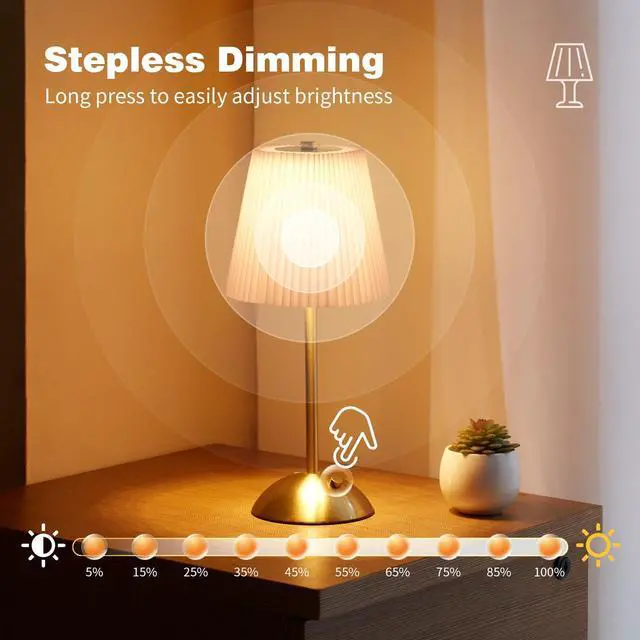 Alt view image 5 of 7 - Cordless Table Lamp, 3000mAh Rechargeable Battery Operated Touch Light, Portable 3-Color Dimmable Vintage Ambient Light Beige Fabric Shade for Dining Table/Bedroom/Kitchen/Bar/Bathroom/Entryway/Gift