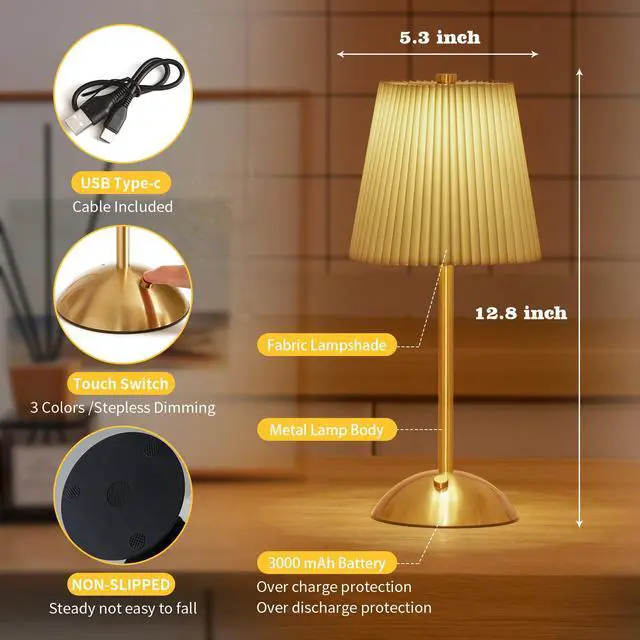 Alt view image 7 of 7 - Cordless Table Lamp, 3000mAh Rechargeable Battery Operated Touch Light, Portable 3-Color Dimmable Vintage Ambient Light Beige Fabric Shade for Dining Table/Bedroom/Kitchen/Bar/Bathroom/Entryway/Gift