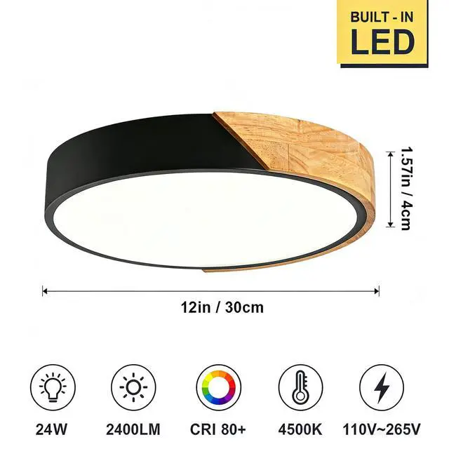 Alt view image 2 of 7 - 12 Inch Wood Flush Mount Ceiling Light Fixtures, 2400LM Round Flat LED Ceiling Light, 4500K Close to Ceiling Light Fixtures, Minimalist Black Ceiling Lamp for Bedroom, Laundry Room