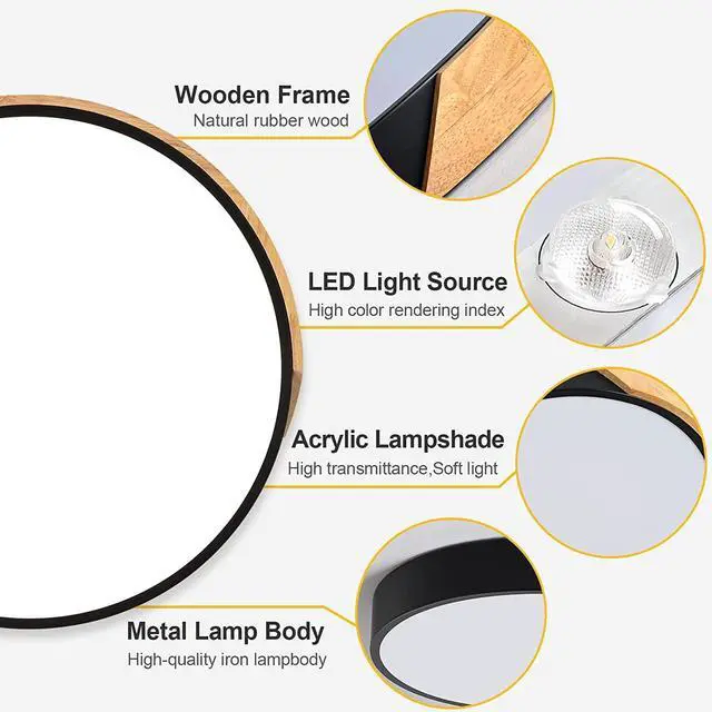 Alt view image 5 of 7 - 12 Inch Wood Flush Mount Ceiling Light Fixtures, 2400LM Round Flat LED Ceiling Light, 4500K Close to Ceiling Light Fixtures, Minimalist Black Ceiling Lamp for Bedroom, Laundry Room