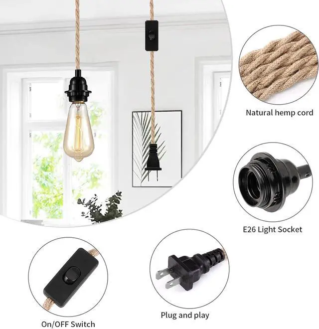 Alt view image 3 of 7 - Industrial 15ft Pendant Light Cord -Plug in Hanging Light Fixture, 15FT Farmhouse Pendant Lamp Lights Cord with Switch Cord for Kitchen Island Bedroom Living Room