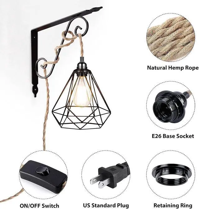 Alt view image 5 of 7 - Industrial 15ft Pendant Light Cord -Plug in Hanging Light Fixture, 15FT Farmhouse Pendant Lamp Lights Cord with Switch Cord for Kitchen Island Bedroom Living Room