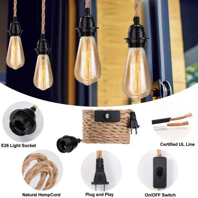 Alt view image 7 of 7 - Industrial 15ft Pendant Light Cord -Plug in Hanging Light Fixture, 15FT Farmhouse Pendant Lamp Lights Cord with Switch Cord for Kitchen Island Bedroom Living Room