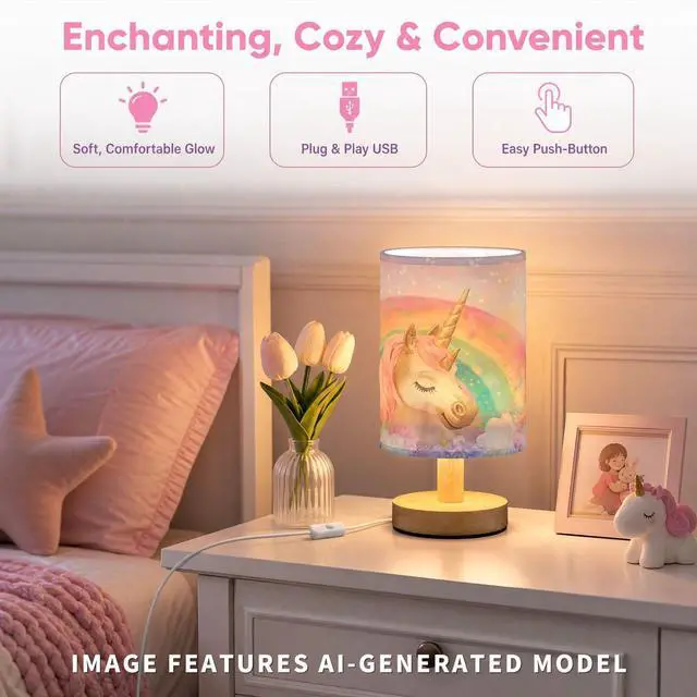 Alt view image 6 of 7 - Bedside Lamp Pink Unicorn Cute Table Lamp with USB Port Wood Base for Living Room,Bedroom,Nightstand 214B5433