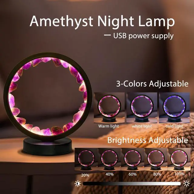 Alt view image 3 of 7 - Runyansghi Amethyst Night Lamp 8.6'' Natural Healing Crystal Bedside USB Port 3 Colours Dimming Mode Bedroom Suitable Light for Living Room Office Home Decor Ideal Gift