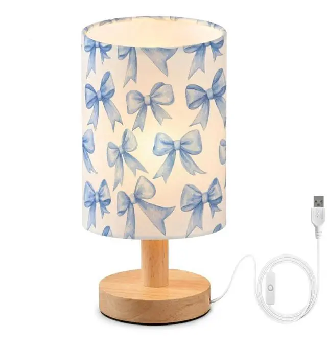 Main image of Bedside Table Lamp Blue Watercolor Coquette Bow Small Desk Lamps Linen Fabric Shade Decorative Nightstand Lamp LED with USB Port Wood Base for Bedroom Living Room