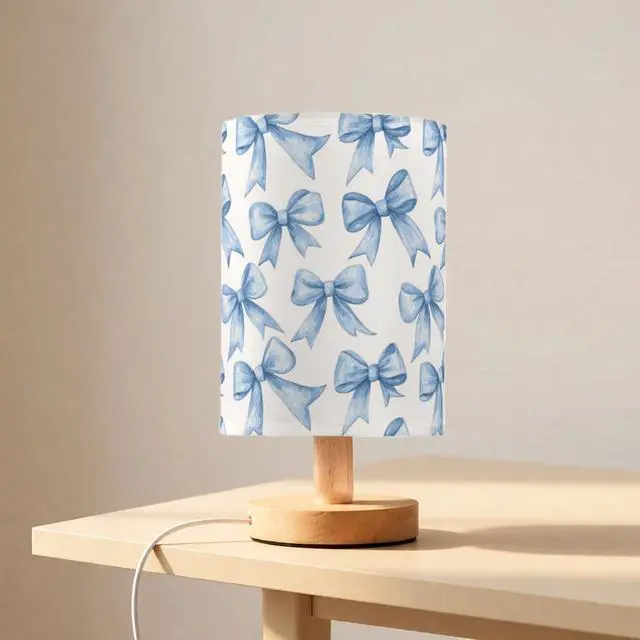 Alt view image 2 of 7 - Bedside Table Lamp Blue Watercolor Coquette Bow Small Desk Lamps Linen Fabric Shade Decorative Nightstand Lamp LED with USB Port Wood Base for Bedroom Living Room