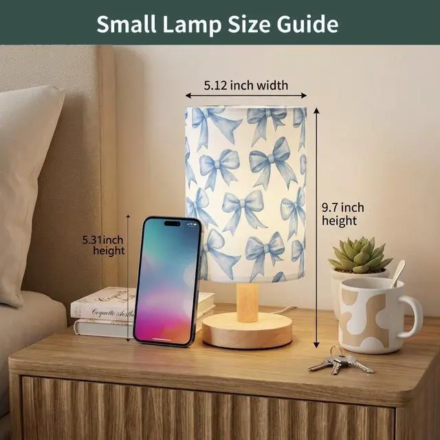 Alt view image 3 of 7 - Bedside Table Lamp Blue Watercolor Coquette Bow Small Desk Lamps Linen Fabric Shade Decorative Nightstand Lamp LED with USB Port Wood Base for Bedroom Living Room