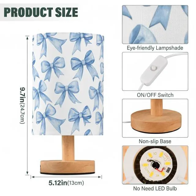 Alt view image 4 of 7 - Bedside Table Lamp Blue Watercolor Coquette Bow Small Desk Lamps Linen Fabric Shade Decorative Nightstand Lamp LED with USB Port Wood Base for Bedroom Living Room