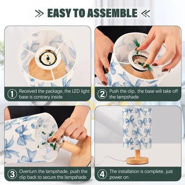 Alt view image 5 of 7 - Bedside Table Lamp Blue Watercolor Coquette Bow Small Desk Lamps Linen Fabric Shade Decorative Nightstand Lamp LED with USB Port Wood Base for Bedroom Living Room