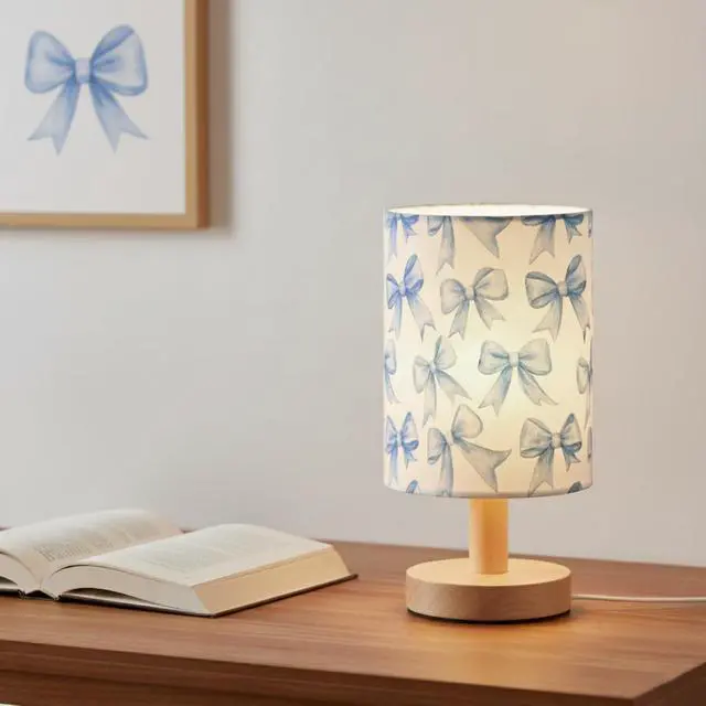 Alt view image 6 of 7 - Bedside Table Lamp Blue Watercolor Coquette Bow Small Desk Lamps Linen Fabric Shade Decorative Nightstand Lamp LED with USB Port Wood Base for Bedroom Living Room