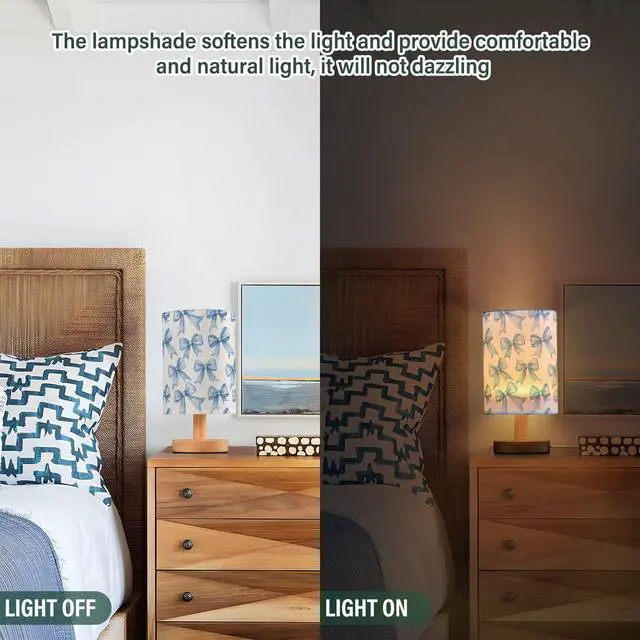 Alt view image 7 of 7 - Bedside Table Lamp Blue Watercolor Coquette Bow Small Desk Lamps Linen Fabric Shade Decorative Nightstand Lamp LED with USB Port Wood Base for Bedroom Living Room