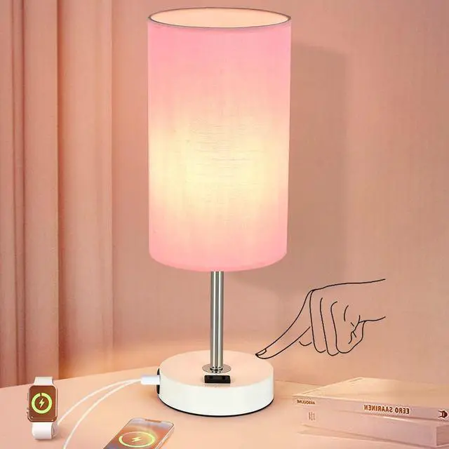 Main image of Table Lamp with USB Port - Desk Lamp Touch Lamp Bedside Lamps for Bedroom, 3 Way Dimmable Small Lamps for Living Room, Nightstand, Nursery, Dorm, Home, Office, White Base+ Pink Lampshade