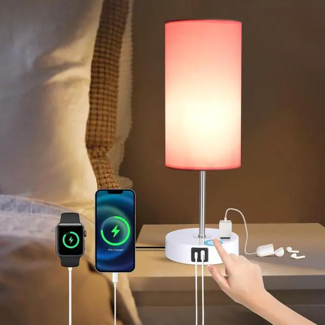 Alt view image 3 of 7 - Table Lamp with USB Port - Desk Lamp Touch Lamp Bedside Lamps for Bedroom, 3 Way Dimmable Small Lamps for Living Room, Nightstand, Nursery, Dorm, Home, Office, White Base+ Pink Lampshade