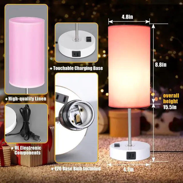 Alt view image 5 of 7 - Table Lamp with USB Port - Desk Lamp Touch Lamp Bedside Lamps for Bedroom, 3 Way Dimmable Small Lamps for Living Room, Nightstand, Nursery, Dorm, Home, Office, White Base+ Pink Lampshade