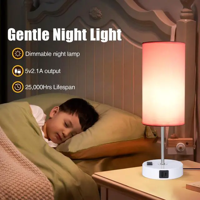 Alt view image 4 of 7 - Table Lamp with USB Port - Desk Lamp Touch Lamp Bedside Lamps for Bedroom, 3 Way Dimmable Small Lamps for Living Room, Nightstand, Nursery, Dorm, Home, Office, White Base+ Pink Lampshade