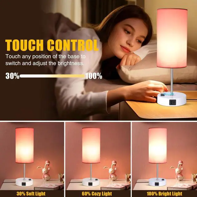 Alt view image 6 of 7 - Table Lamp with USB Port - Desk Lamp Touch Lamp Bedside Lamps for Bedroom, 3 Way Dimmable Small Lamps for Living Room, Nightstand, Nursery, Dorm, Home, Office, White Base+ Pink Lampshade
