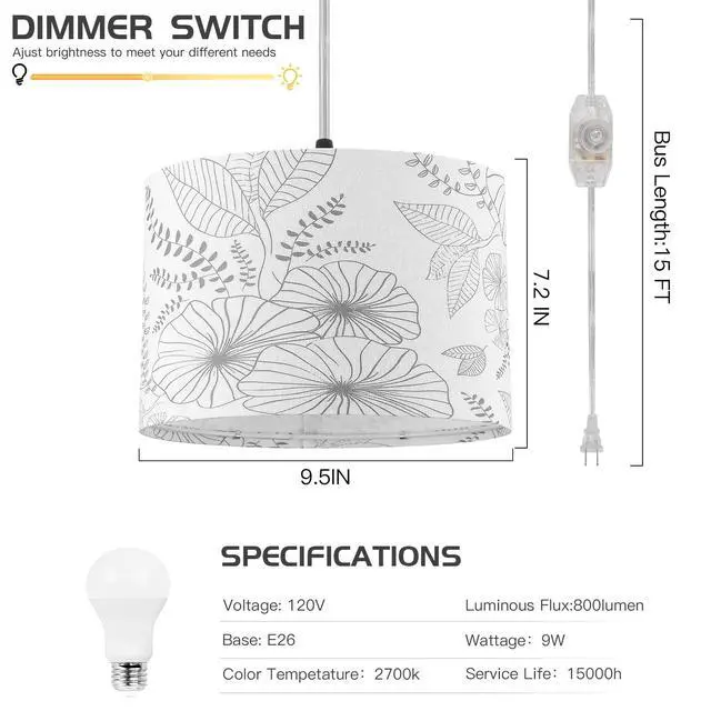 Alt view image 4 of 7 - Plug in Pendant Light, Hanging Light with Plug in Cord with Dimmable Switch, Hanging Lamp with 15 ft Clear Cord, Pendant Lights Fixture for Bedroom Kitchen Island (Bulb Included)