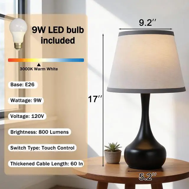 Alt view image 2 of 7 - 17" Touch Table Lamp for Bedroom, 3-Way Dimmable Bedside Lamp for Nightstand, Black Small Lamp with Linen Shade for Living Room, Kids Room, Office (9W LED Bulb Included)