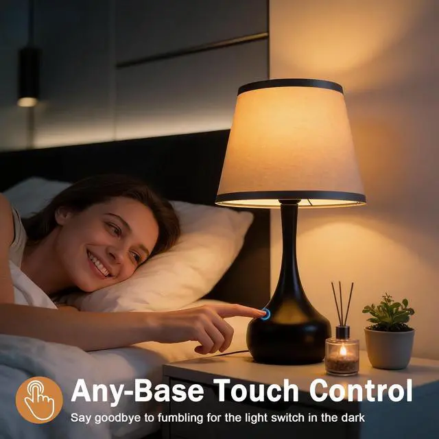 Alt view image 3 of 7 - 17" Touch Table Lamp for Bedroom, 3-Way Dimmable Bedside Lamp for Nightstand, Black Small Lamp with Linen Shade for Living Room, Kids Room, Office (9W LED Bulb Included)