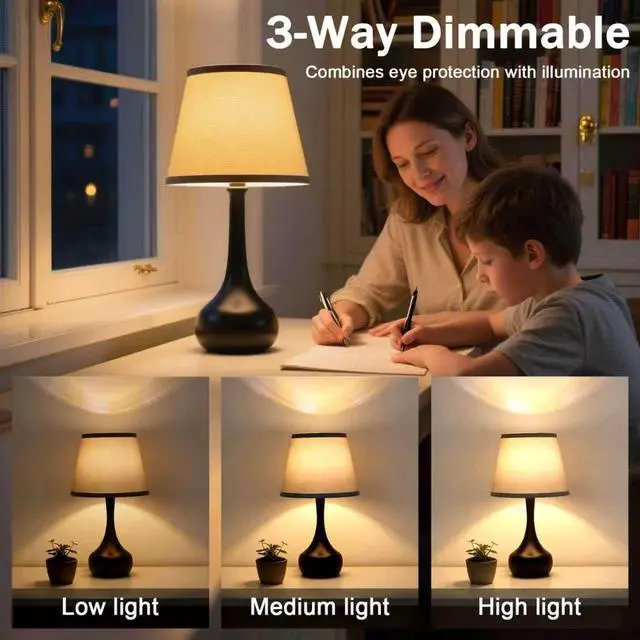 Alt view image 4 of 7 - 17" Touch Table Lamp for Bedroom, 3-Way Dimmable Bedside Lamp for Nightstand, Black Small Lamp with Linen Shade for Living Room, Kids Room, Office (9W LED Bulb Included)
