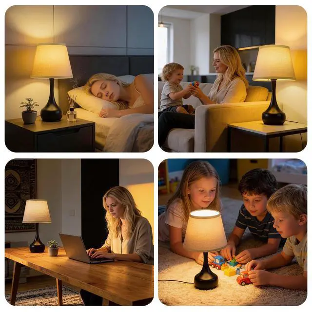 Alt view image 7 of 7 - 17" Touch Table Lamp for Bedroom, 3-Way Dimmable Bedside Lamp for Nightstand, Black Small Lamp with Linen Shade for Living Room, Kids Room, Office (9W LED Bulb Included)