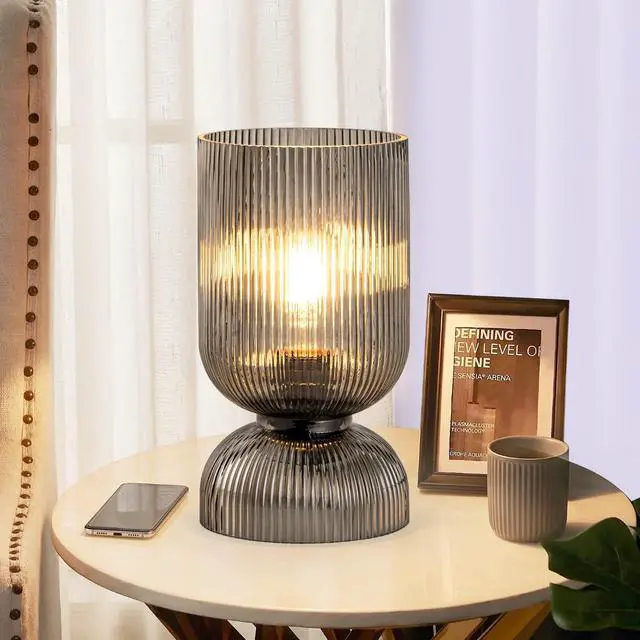 Main image of Modern Table Lamp,Glass Mid Century Lamp with Smoky Gray Glass Shade, Bedside Lamp with On/Off Switch, Minimalist Nightstand Lamp for Bedroom, Living Room, Office (Bulb not Included)