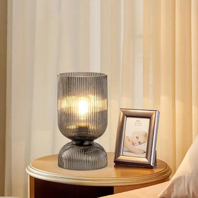 Alt view image 3 of 7 - Modern Table Lamp,Glass Mid Century Lamp with Smoky Gray Glass Shade, Bedside Lamp with On/Off Switch, Minimalist Nightstand Lamp for Bedroom, Living Room, Office (Bulb not Included)