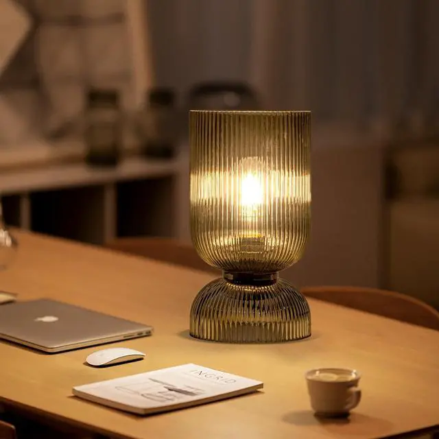 Alt view image 5 of 7 - Modern Table Lamp,Glass Mid Century Lamp with Smoky Gray Glass Shade, Bedside Lamp with On/Off Switch, Minimalist Nightstand Lamp for Bedroom, Living Room, Office (Bulb not Included)