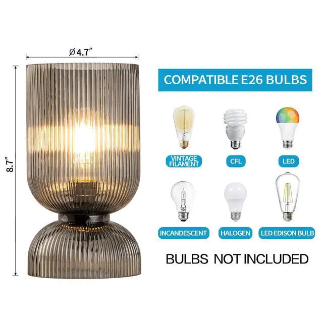 Alt view image 6 of 7 - Modern Table Lamp,Glass Mid Century Lamp with Smoky Gray Glass Shade, Bedside Lamp with On/Off Switch, Minimalist Nightstand Lamp for Bedroom, Living Room, Office (Bulb not Included)