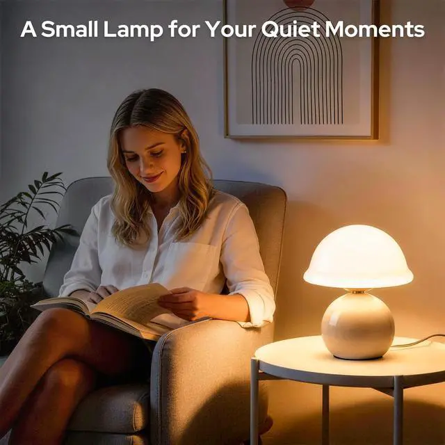 Alt view image 5 of 7 - Mushroom Table Lamp for Bedroom, Cozy Bedside Lamp with Glass Shade, Stepless Dimmable Nightstand Lamp for Relaxing Bedroom Decor & Aesthetic Home (White)